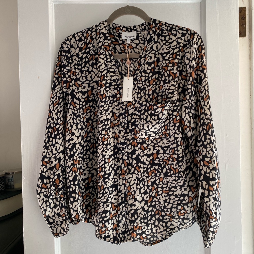 Elevated Boho Chic V-neck Button Down Long-Sleeve Blouse in Black Multi